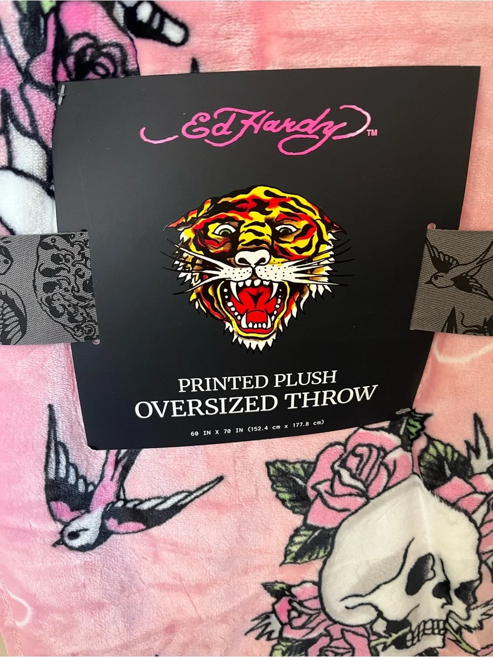 Ed Hardy Pink Skull & Rose Plush Oversized Throw Blanket